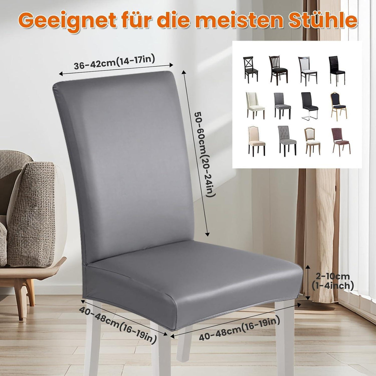 PU Stuhlhülsen 6er Set – Hellgrau, Wasserabweisend & Elastisch