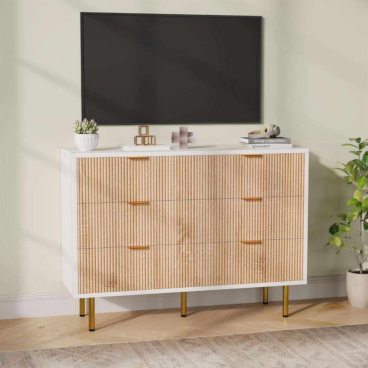 Kommode 6 Schubladen Holz Metallfüße Weiß Naturholz