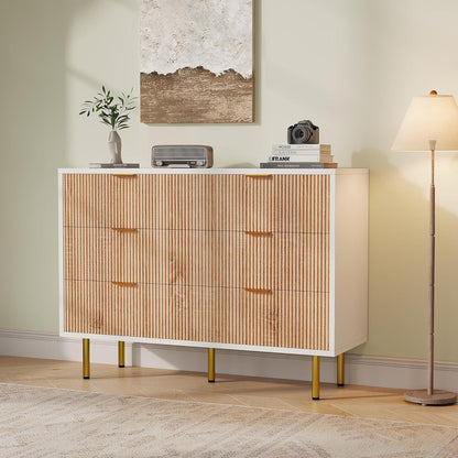 Kommode 6 Schubladen Holz Metallfüße Weiß Naturholz