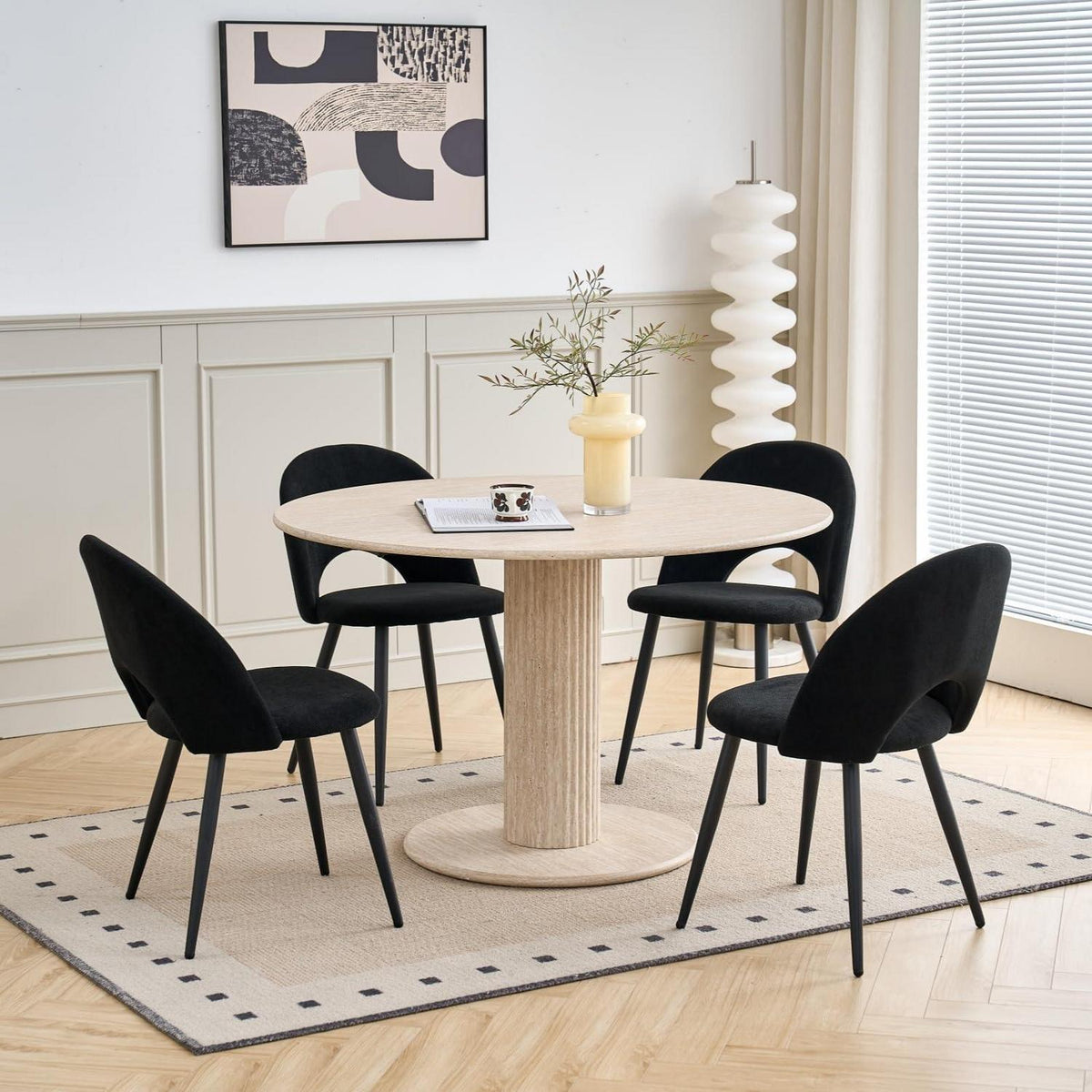Runder Esstisch Set (115cm) mit 4 Stoffstühlen – Beige & Schwarz