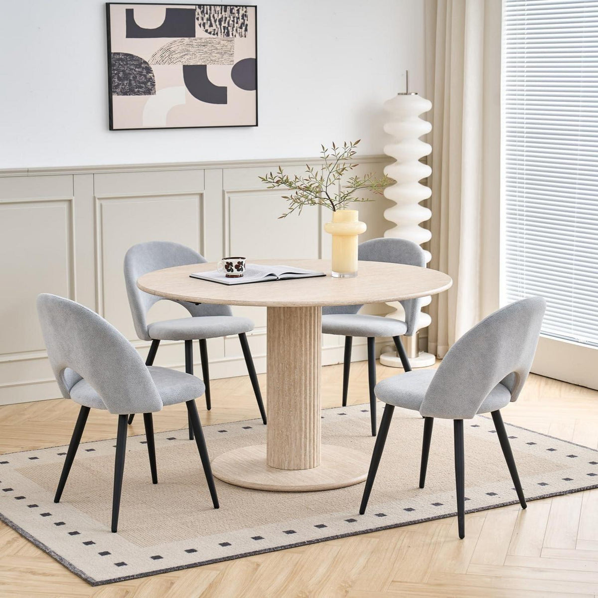 Runder Esstisch Set (115cm) mit 4 Stoffstühlen – Beige & Grau
