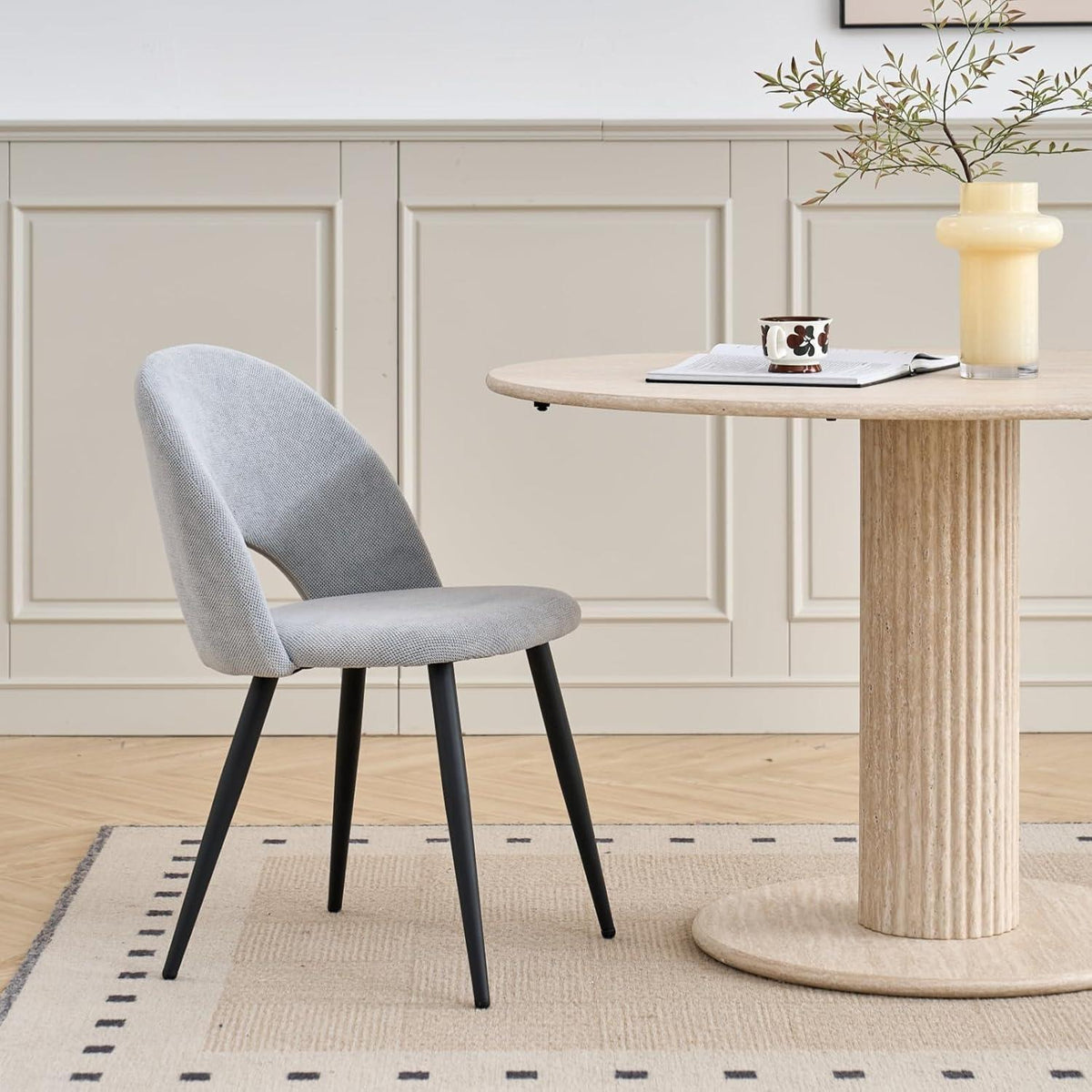 Runder Esstisch Set (115cm) mit 4 Stoffstühlen – Beige & Grau