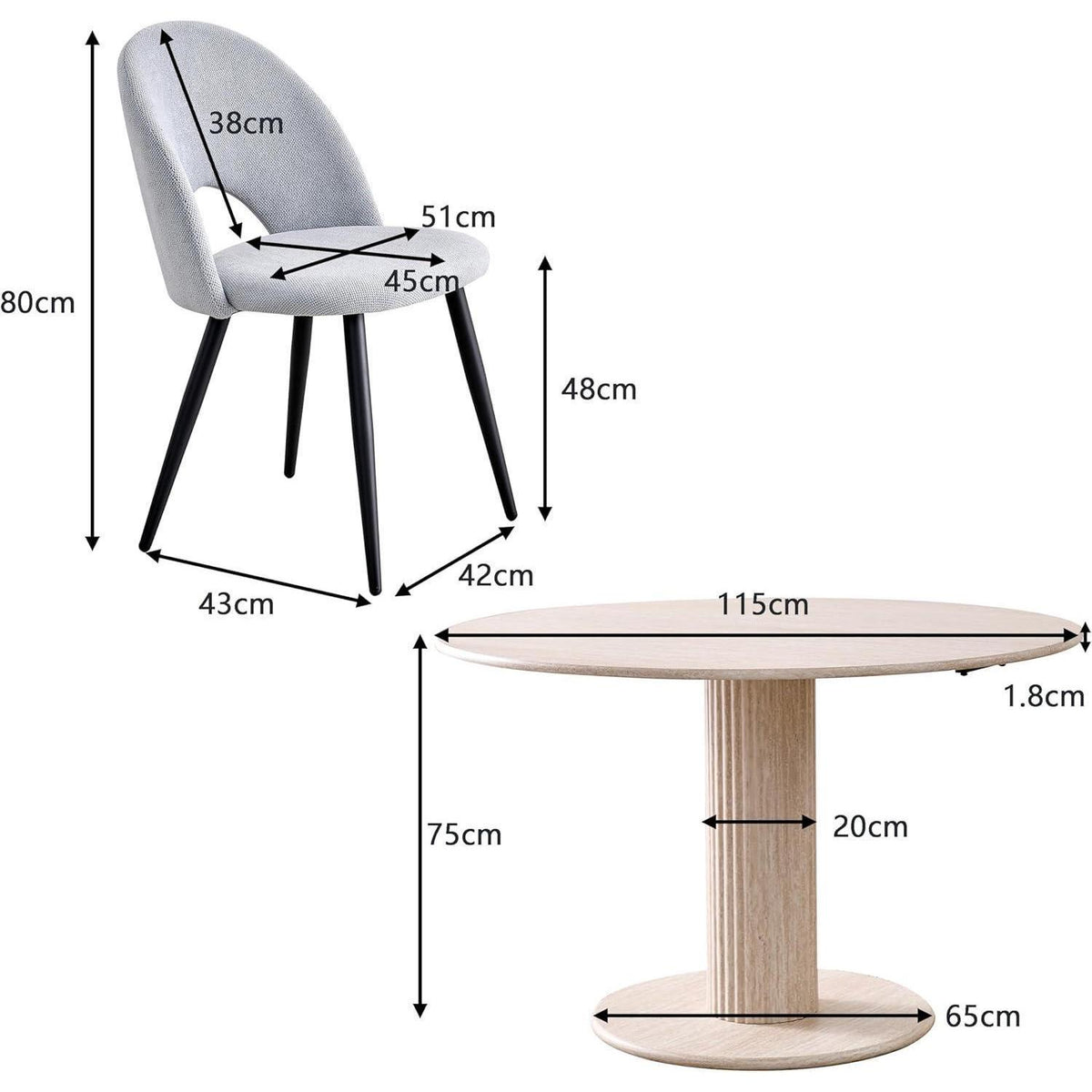 Runder Esstisch Set (115cm) mit 4 Stoffstühlen – Beige & Grau