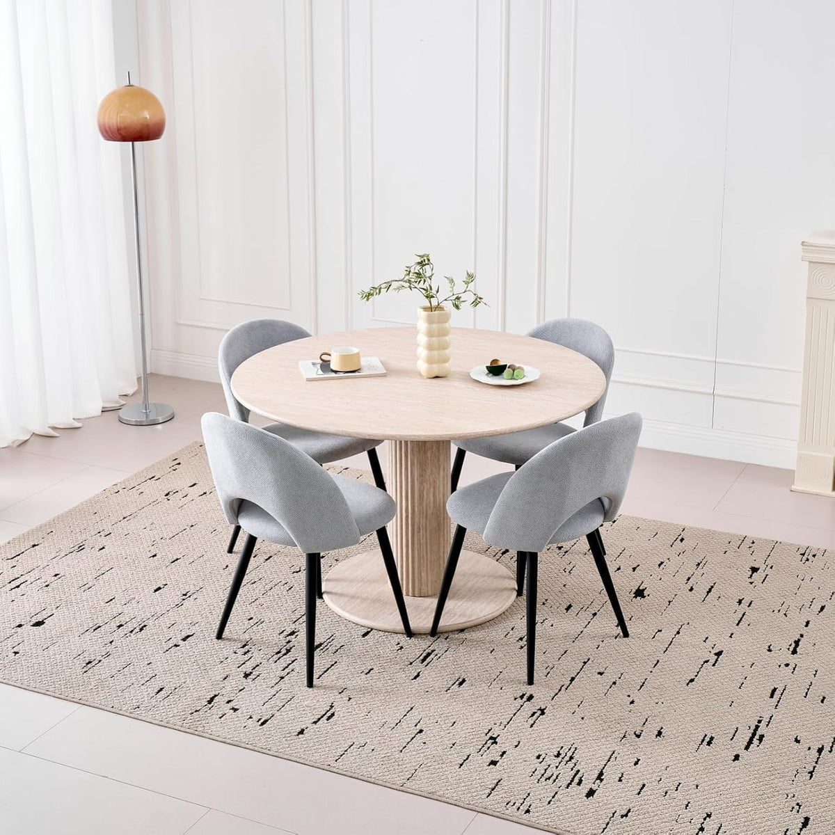 Runder Esstisch Set (115cm) mit 4 Stoffstühlen – Beige & Grau