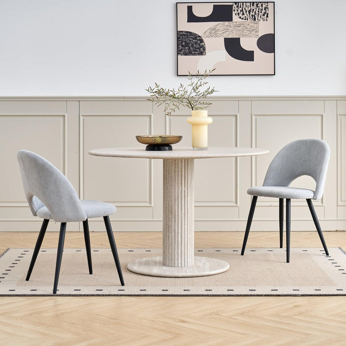Runder Esstisch Set Grau mit 4 Stoffstühlen – Modern & Komfortabel