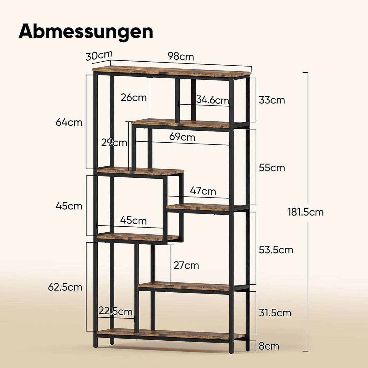Standregal mit 7 Ablagen – Bücherregal für Wohnzimmer & Büro