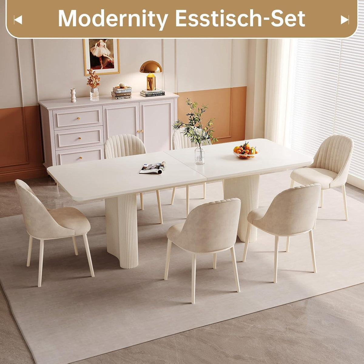 Rechteckiger Esstisch Creme mit 4 Stühlen (200 cm)