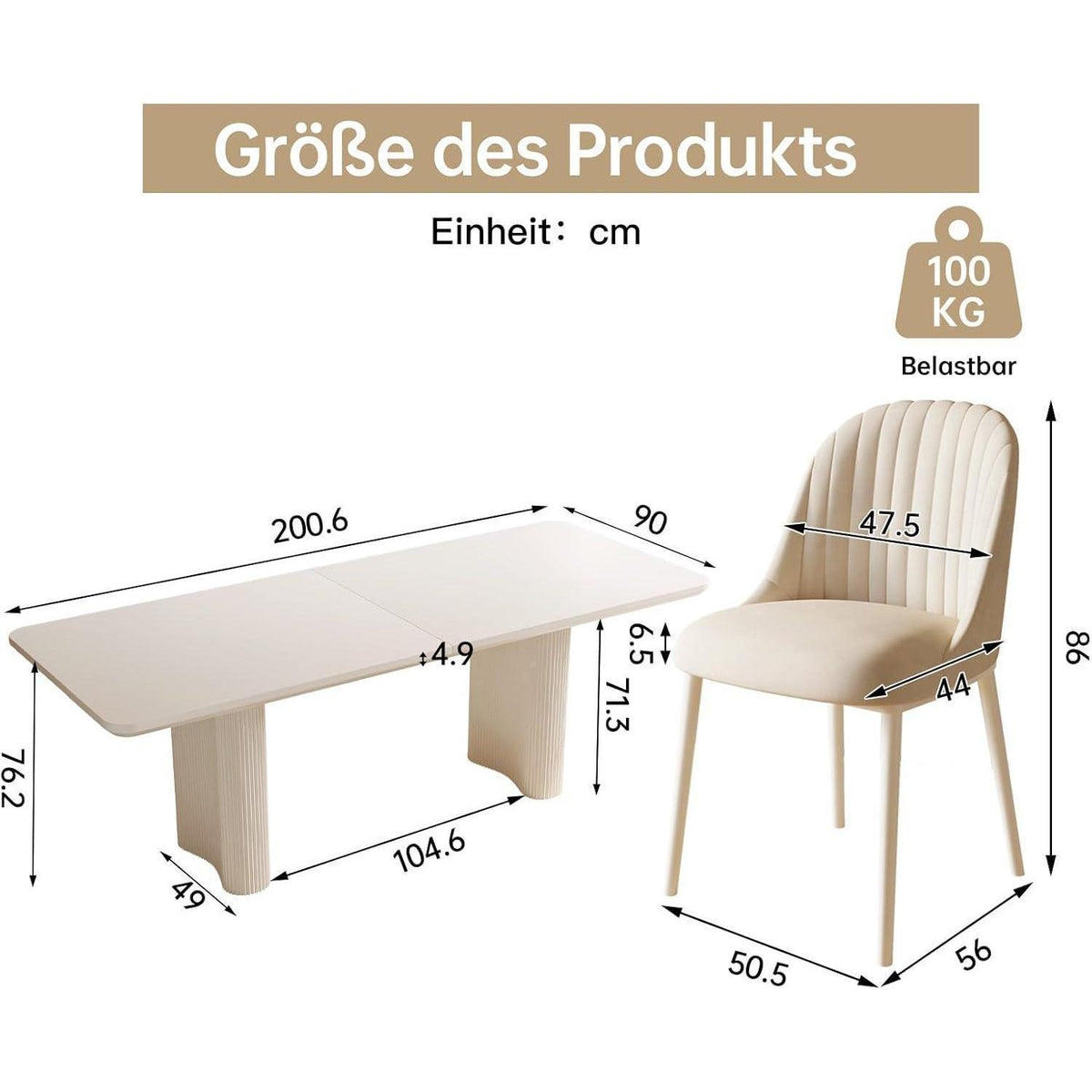 Rechteckiger Esstisch Creme 200 cm mit 8 Stühlen