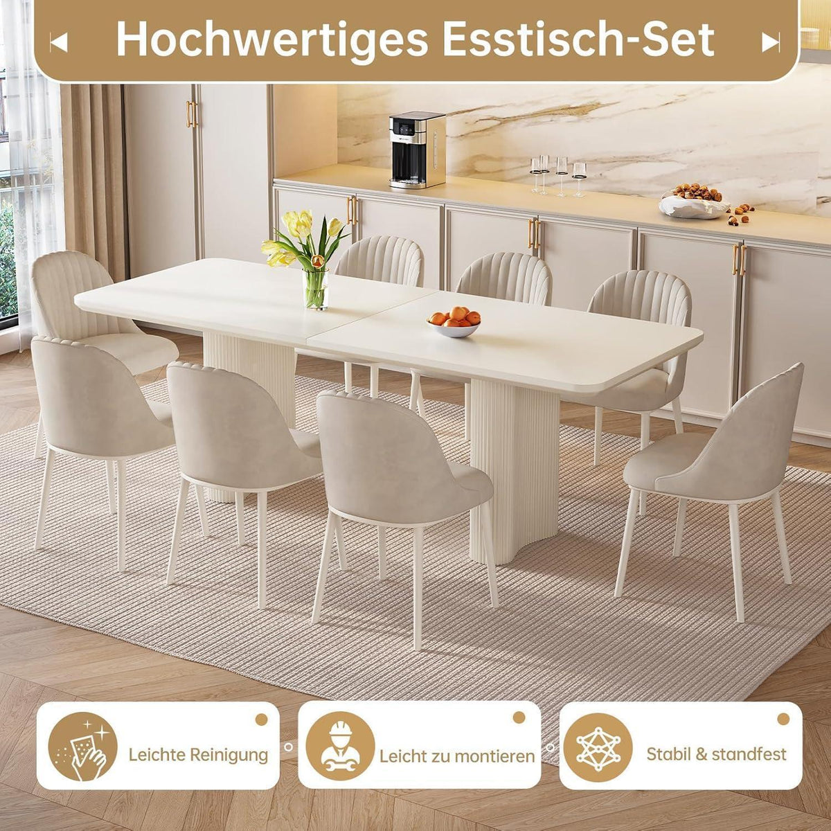Rechteckiger Esstisch Creme mit 6 Stühlen (200 cm)