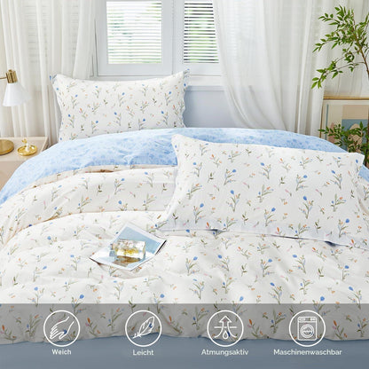 Blumen Bettwäsche Set 200x220 Baumwolle Blau Botanisch