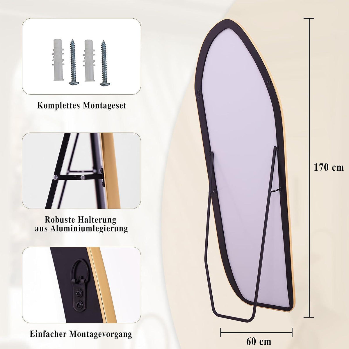 Ganzkörperspiegel Gold – Diamantform, 170x60cm mit Ständer