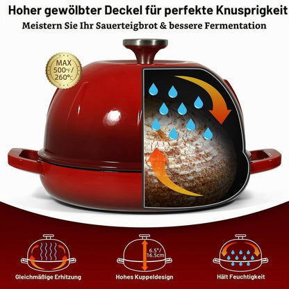 Gusseisen Brotbacktopf 5,35L mit Ofenhandschuhen - Kirschrot