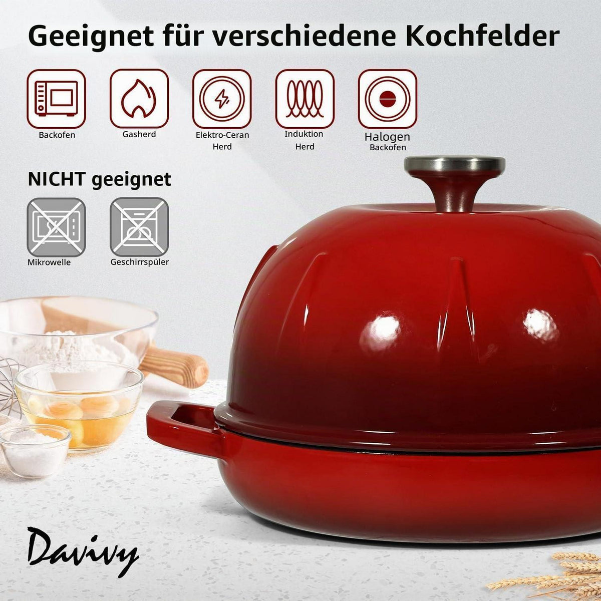 Gusseisen Brotbacktopf 5,35L mit Ofenhandschuhen - Kirschrot