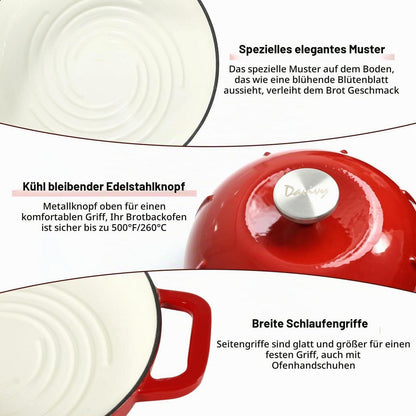Gusseisen Brotbacktopf 5,35L mit Ofenhandschuhen - Kirschrot