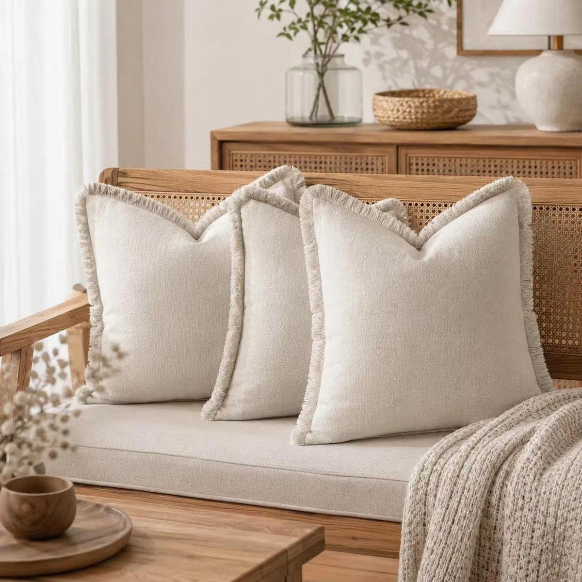2er Set Baumwoll Kissenbezüge mit Fransen, 60x60 cm, Beige