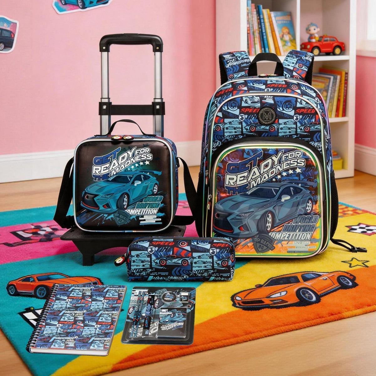 Schulrucksack Trolley Jungen 5-tlg. Set Rennauto – Schulranzen mit Zubehör