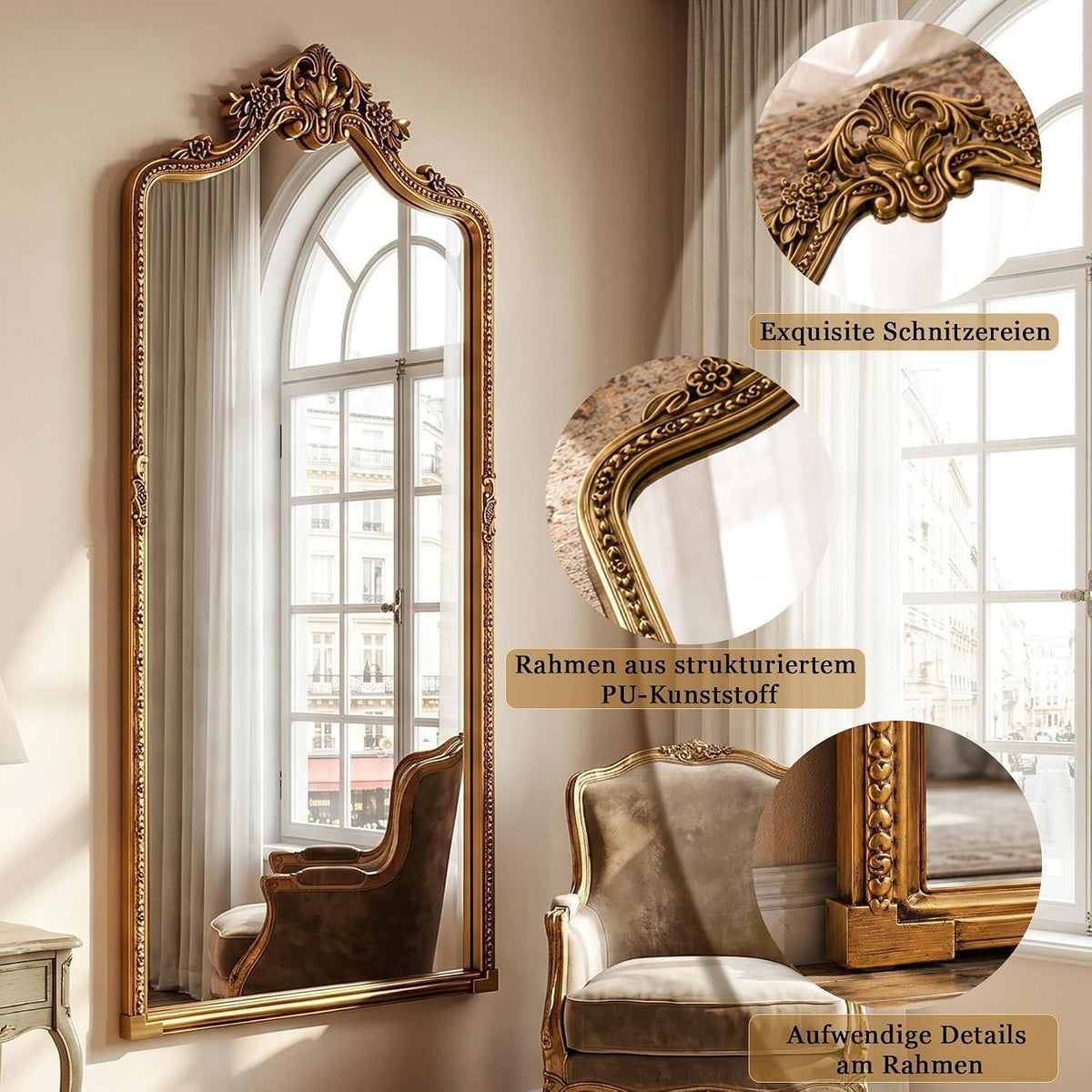 Großer Standspiegel Retro Gold | 175x70 cm | Ganzkörperspiegel mit Haken