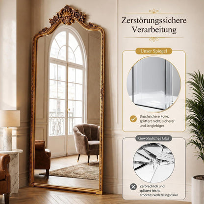 Großer Standspiegel Retro Gold | 175x70 cm | Ganzkörperspiegel mit Haken