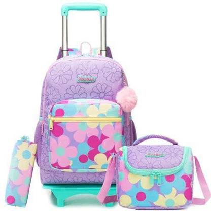 Schulrucksack Trolley Mädchen Lila Blumen – 3in1 Set mit Lunchbag & Federmäppchen