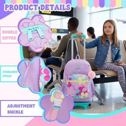 Schulrucksack Trolley Mädchen Lila Blumen – 3in1 Set mit Lunchbag & Federmäppchen