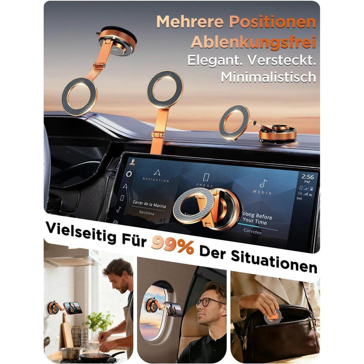 Magnetische Handyhalterung Auto mit Dual-Arm & Nano-Saugfuß Orange