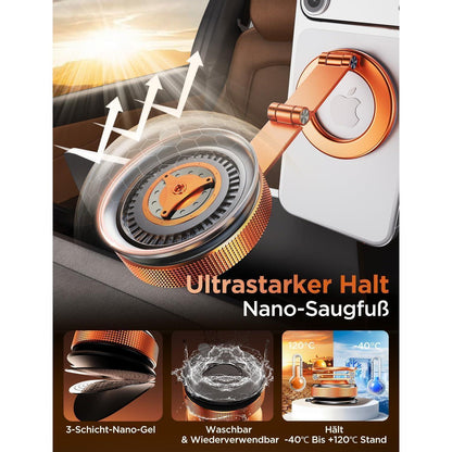 Magnetische Handyhalterung Auto mit Dual-Arm & Nano-Saugfuß Orange
