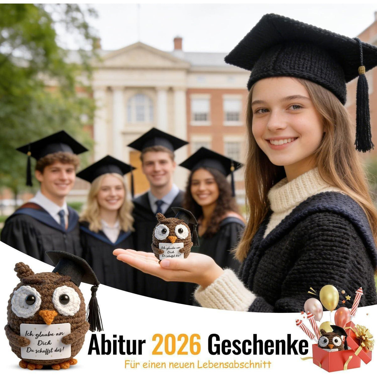 Handgehäkelte Abschluss-Eule mit Doktorhut – Glücksbringer Geschenk