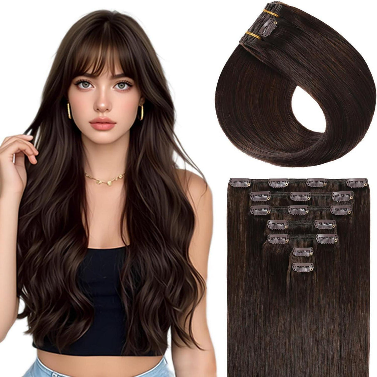 Echthaar Clip-Ins Dunkelbraun 18 Zoll (80g)