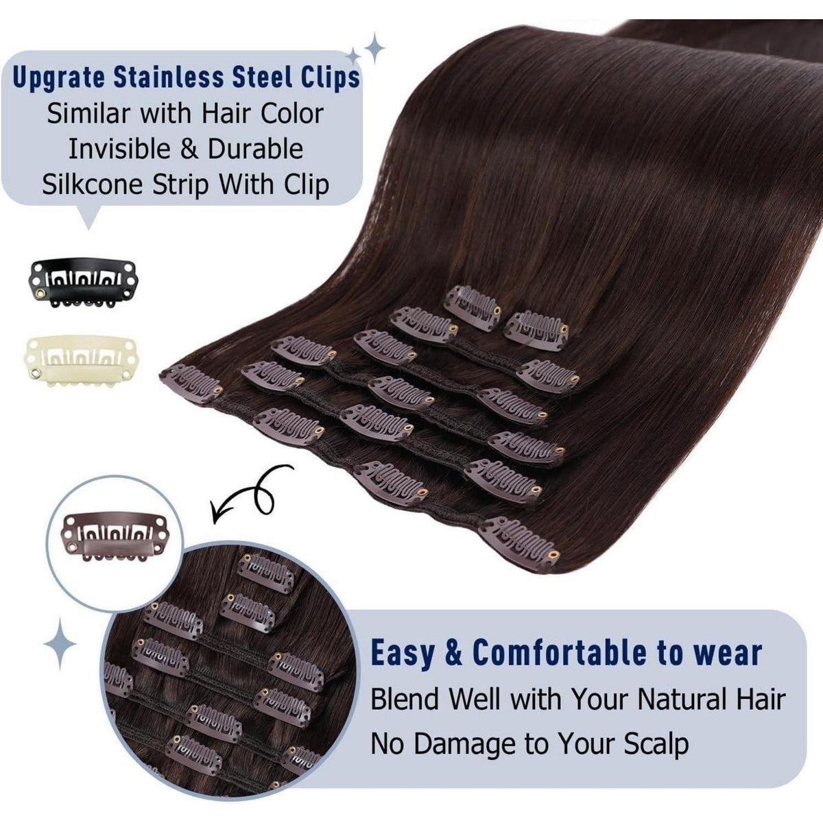 Echthaar Clip-Ins Dunkelbraun 18 Zoll (80g)