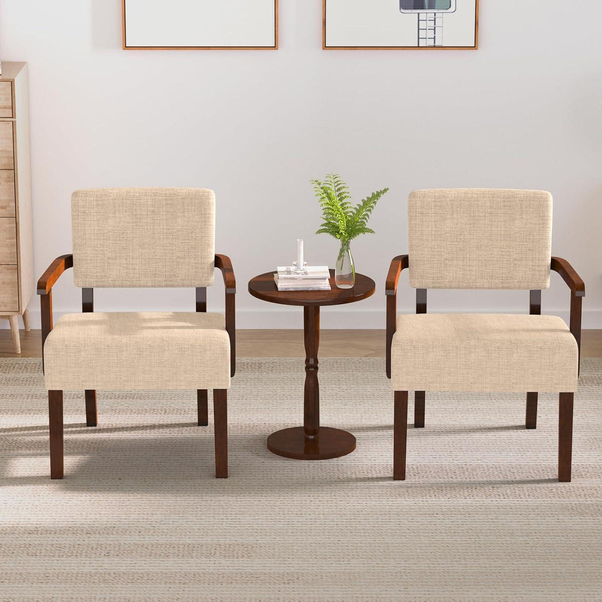 Loungesessel Set 2 Sessel & 1 Tisch – Beige Leinen, Komfort & Stil