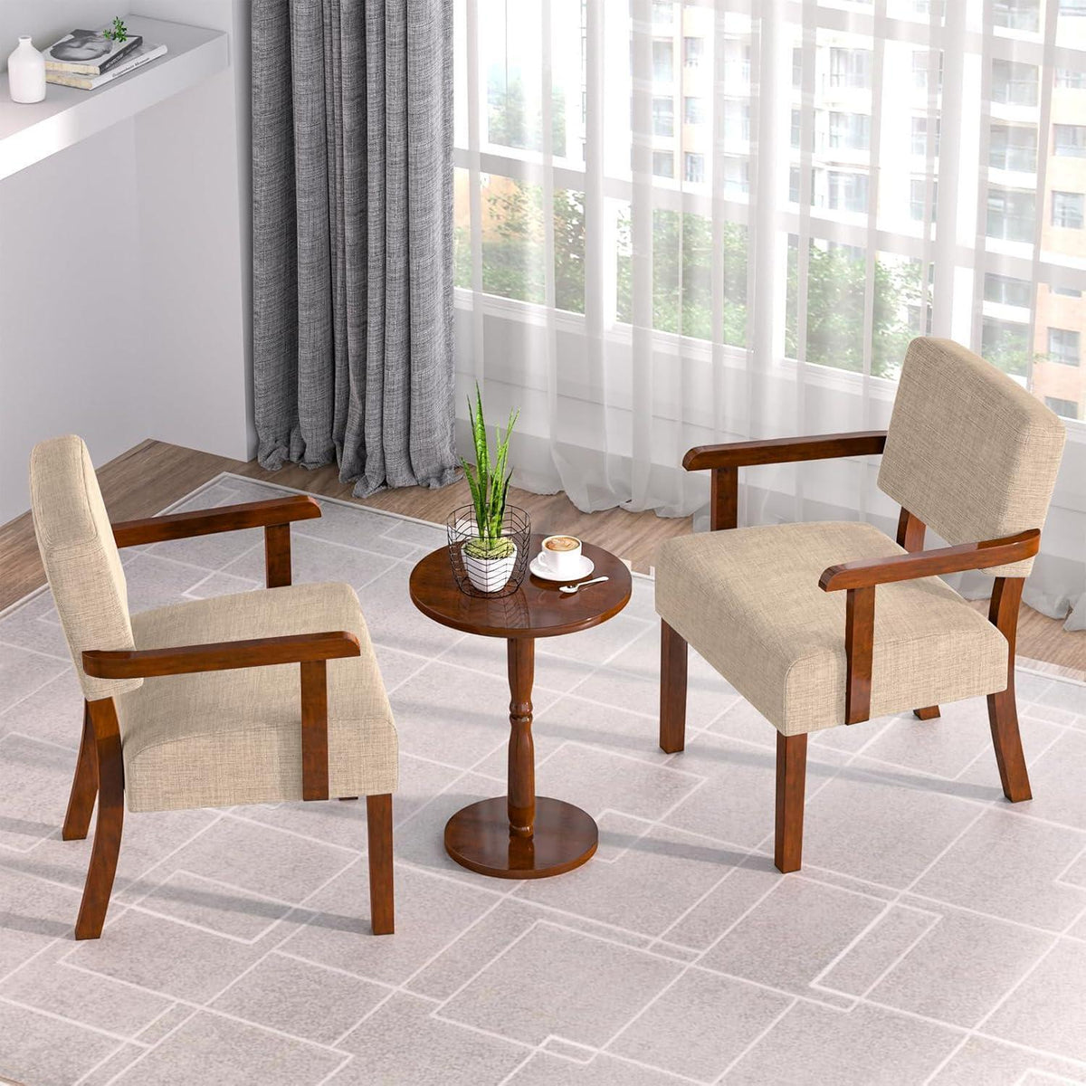Loungesessel Set 2 Sessel & 1 Tisch – Beige Leinen, Komfort & Stil