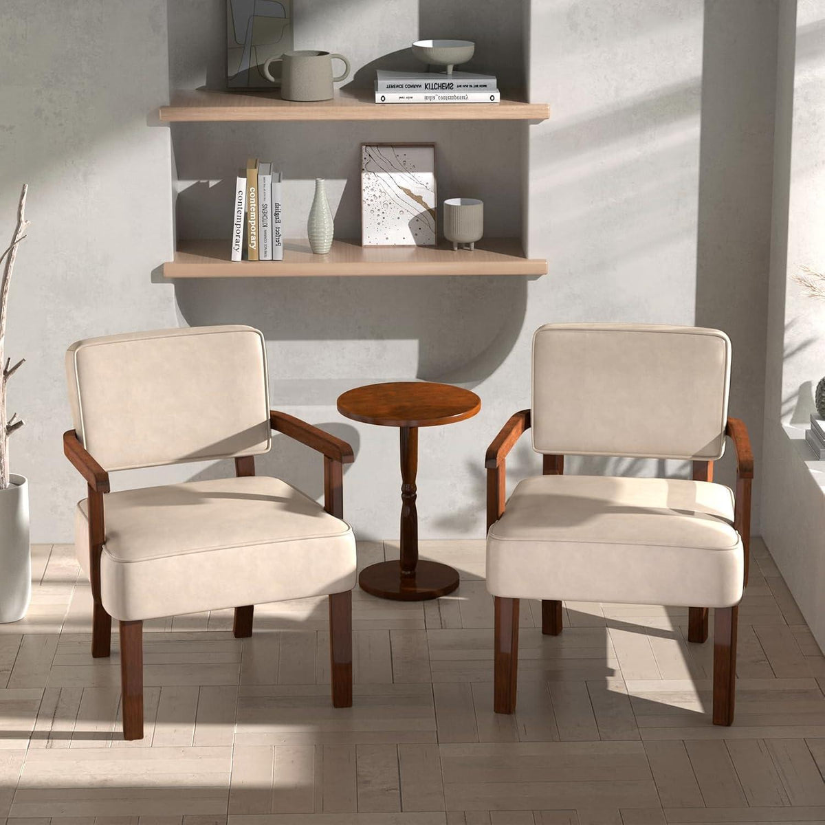 Retro Loungesessel Beige mit Fußhocker & weichem Sitz in Lederoptik