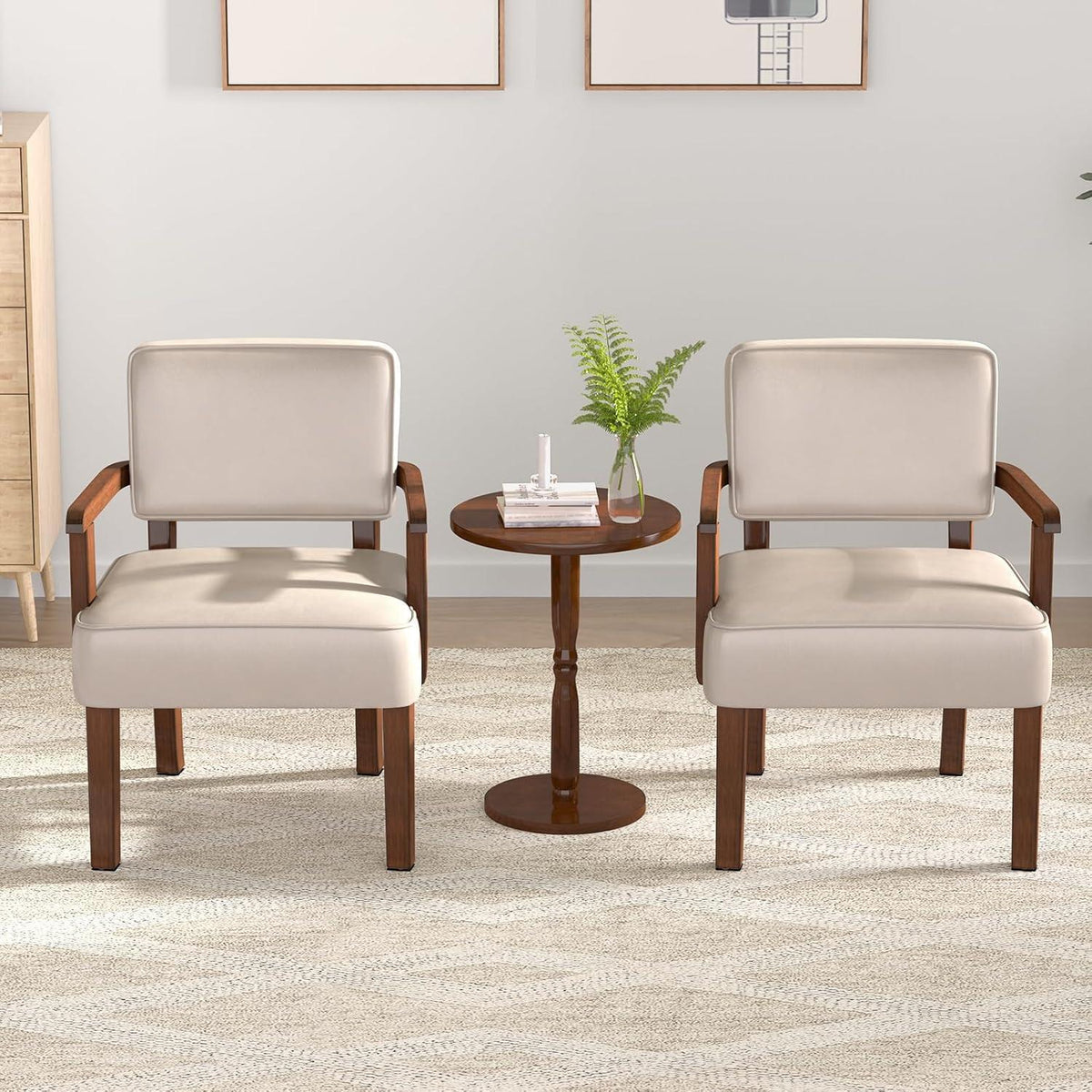 Lounge-Sessel Set (2 Sessel + 1 Tisch) – Beige Relaxstuhl in Lederoptik