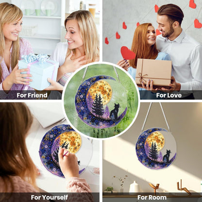 Diamantmalerei Anhänger Katze auf dem Mond – DIY Fensterbild Set