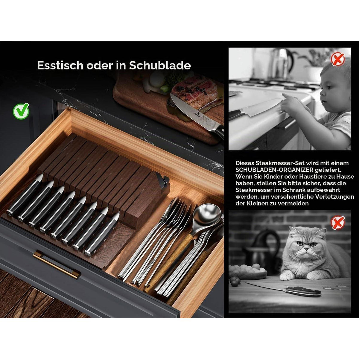 8-teiliges Steakmesser-Set aus Damaststahl mit Organizer