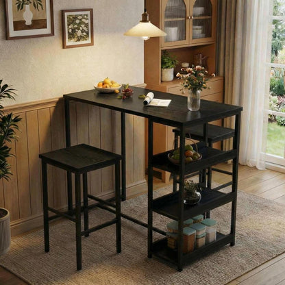 3-teiliges Bar Tisch Set mit Hockern & Regalen – Schwarz