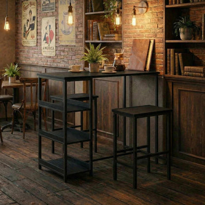 3-teiliges Bar Tisch Set mit Hockern & Regalen – Schwarz