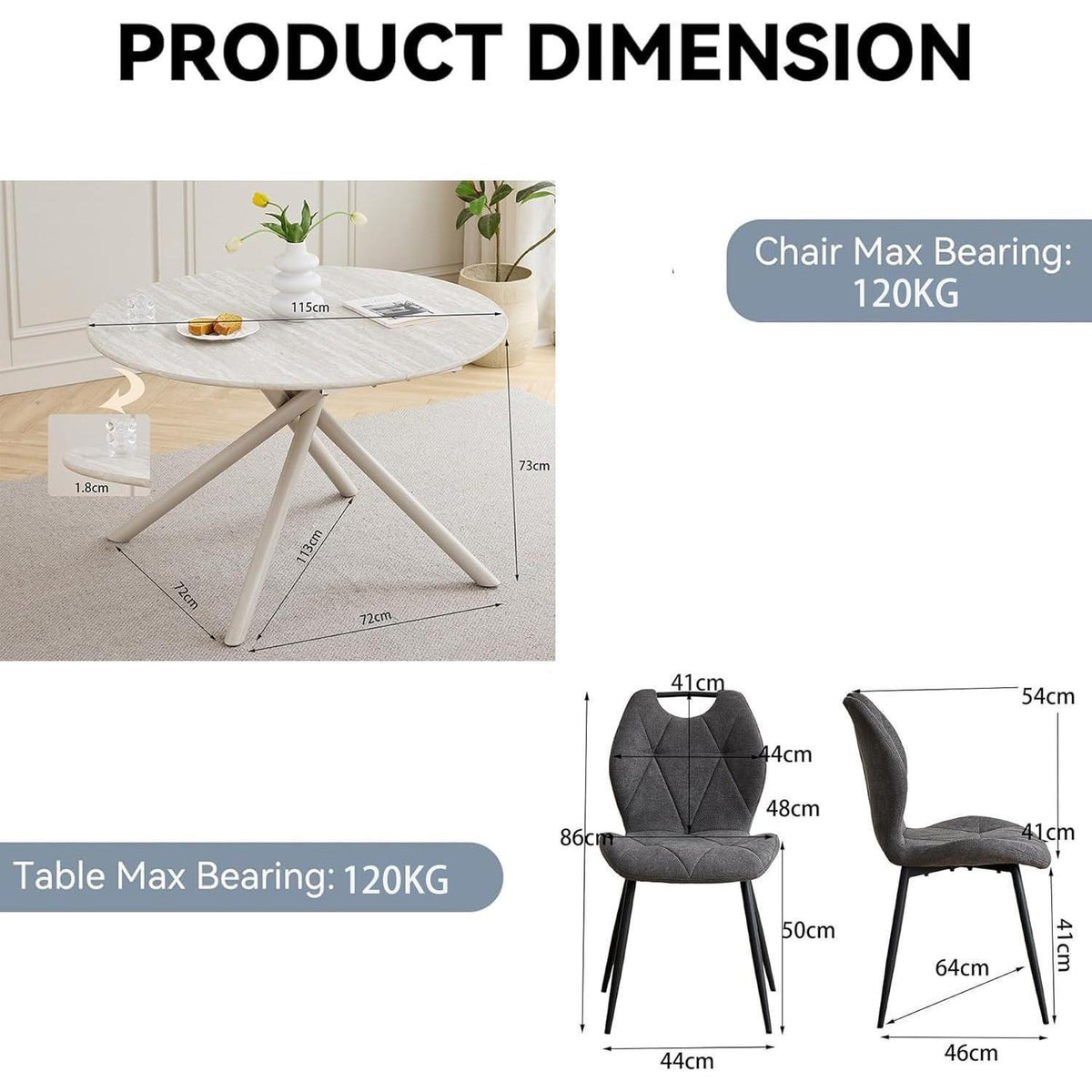 Rundes Esszimmer-Set mit 4 Leinenstühlen (Hellgrau + Grau)