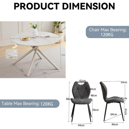 Rundes Esszimmer-Set mit 4 Leinenstühlen (Hellgrau + Grau)