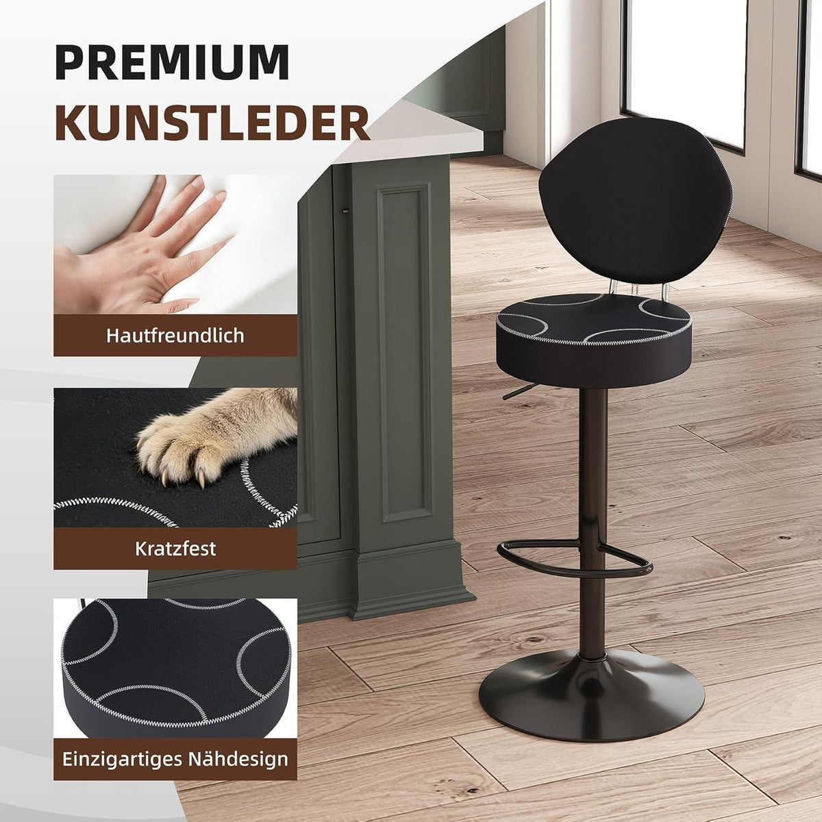 Drehbarer Barhocker mit Rückenlehne & Höhenverstellung Schwarz