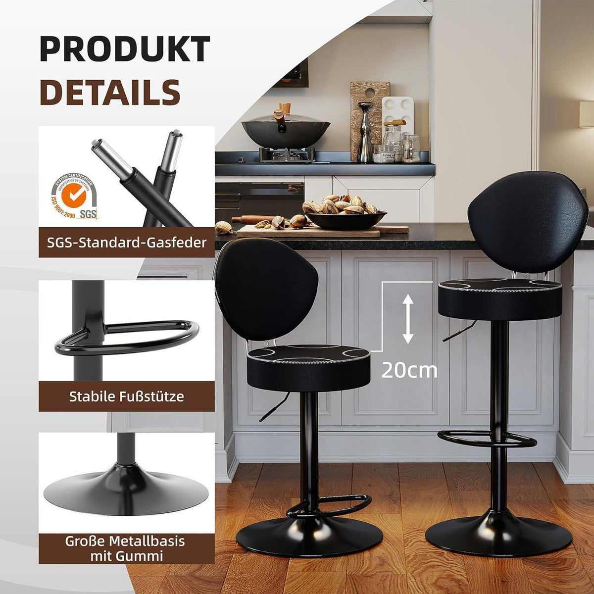 Drehbarer Barhocker mit Rückenlehne & Höhenverstellung Schwarz