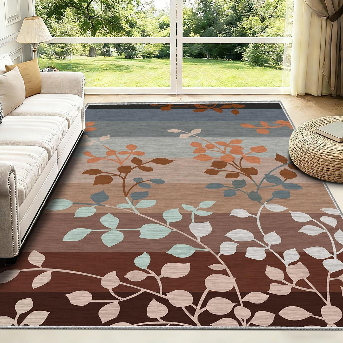 Waschbarer Teppich Wohnzimmer Braun Grau Blätter 180x250 cm