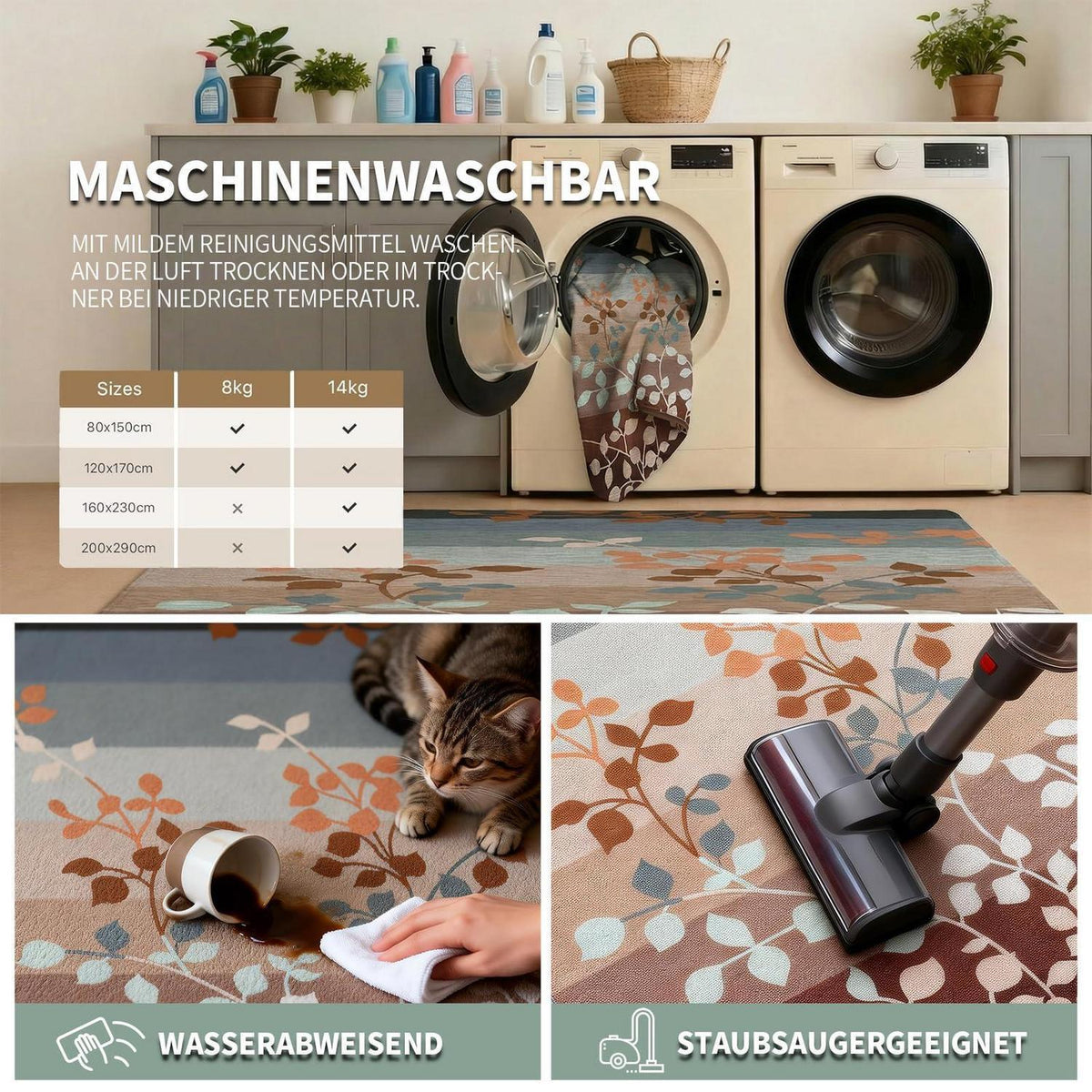 Waschbarer Teppich Wohnzimmer Braun Grau Blätter 180x250 cm