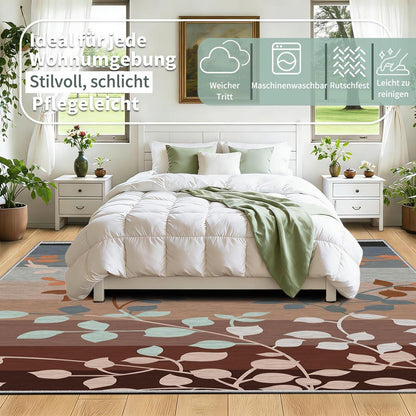 Waschbarer Teppich Wohnzimmer Braun Grau Blätter 180x250 cm