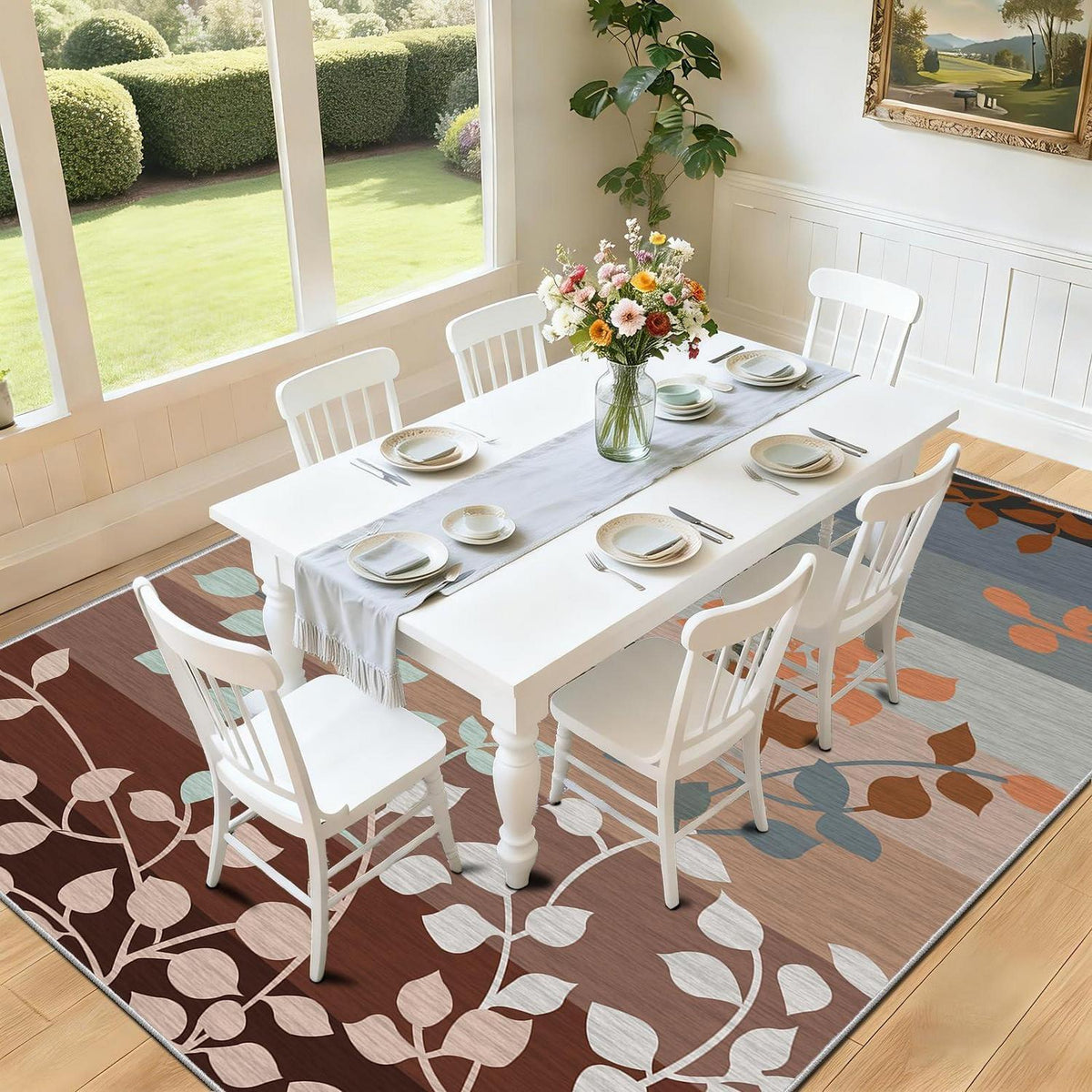 Waschbarer Teppich Wohnzimmer Braun Grau Blätter 180x250 cm