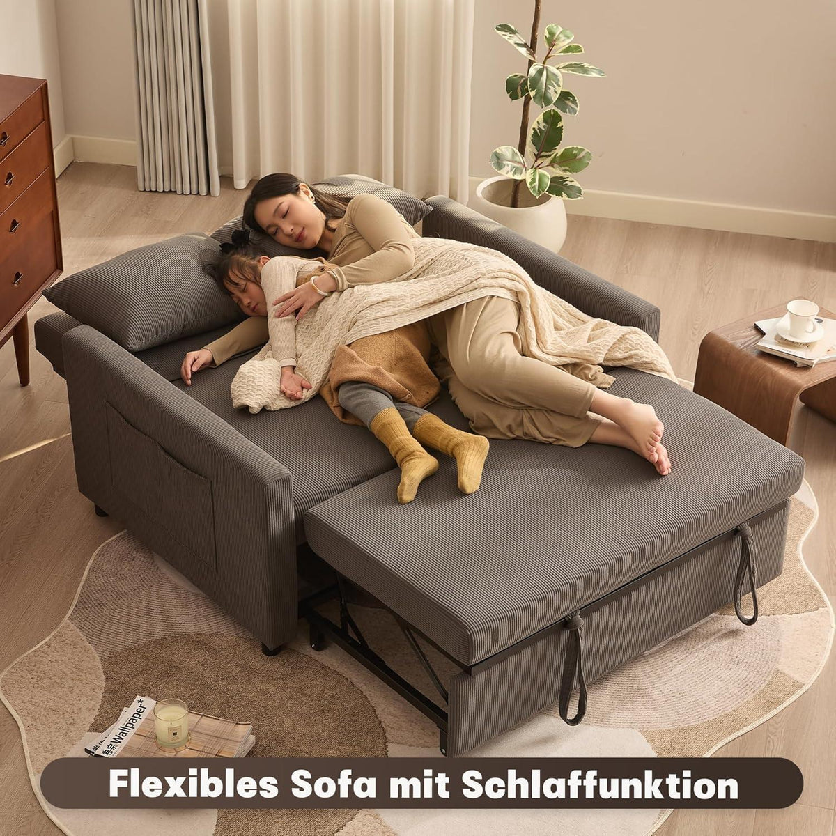 Schlafsofa 2-Sitzer Grau – Ausziehbare Schlafcouch mit Verstelllehne