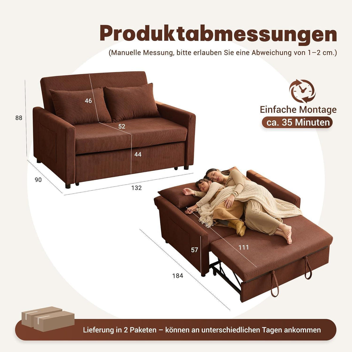 Schlafsofa 2-Sitzer Cordstoff, Ausziehbar & Verstellbar Braun