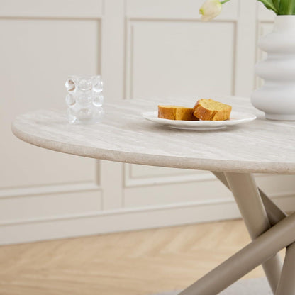 Rundes Esszimmer-Set mit 4 Leinenstühlen (Hellgrau + Beige)