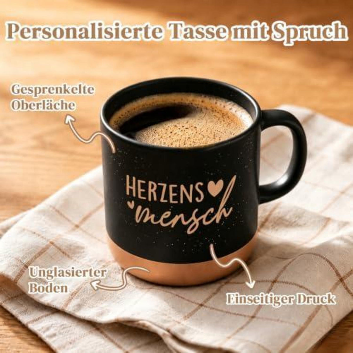 Herzensmensch Tasse - Geschenk für Freundin mit Spruch, 360ml Schwarz
