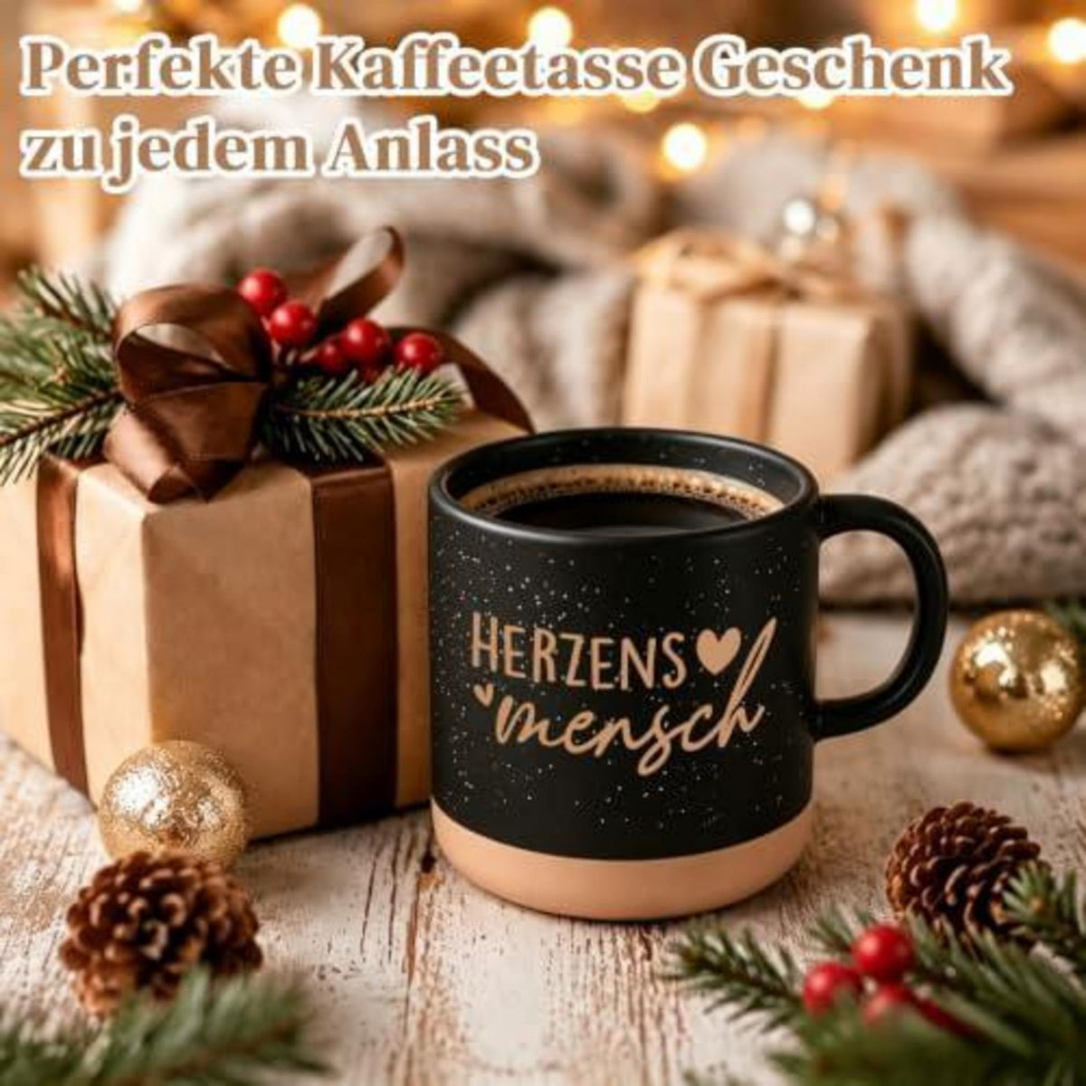 Herzensmensch Tasse - Geschenk für Freundin mit Spruch, 360ml Schwarz